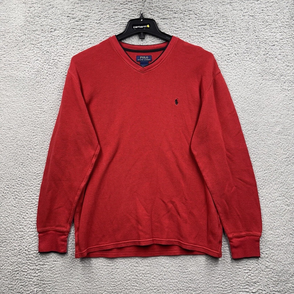 Polo Ralph Lauren Sweater Mens XL Red V Neck Thermal Waffle Knit Pullover Shirt